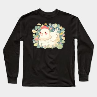 Cute chicken with flowers illustration Long Sleeve T-Shirt